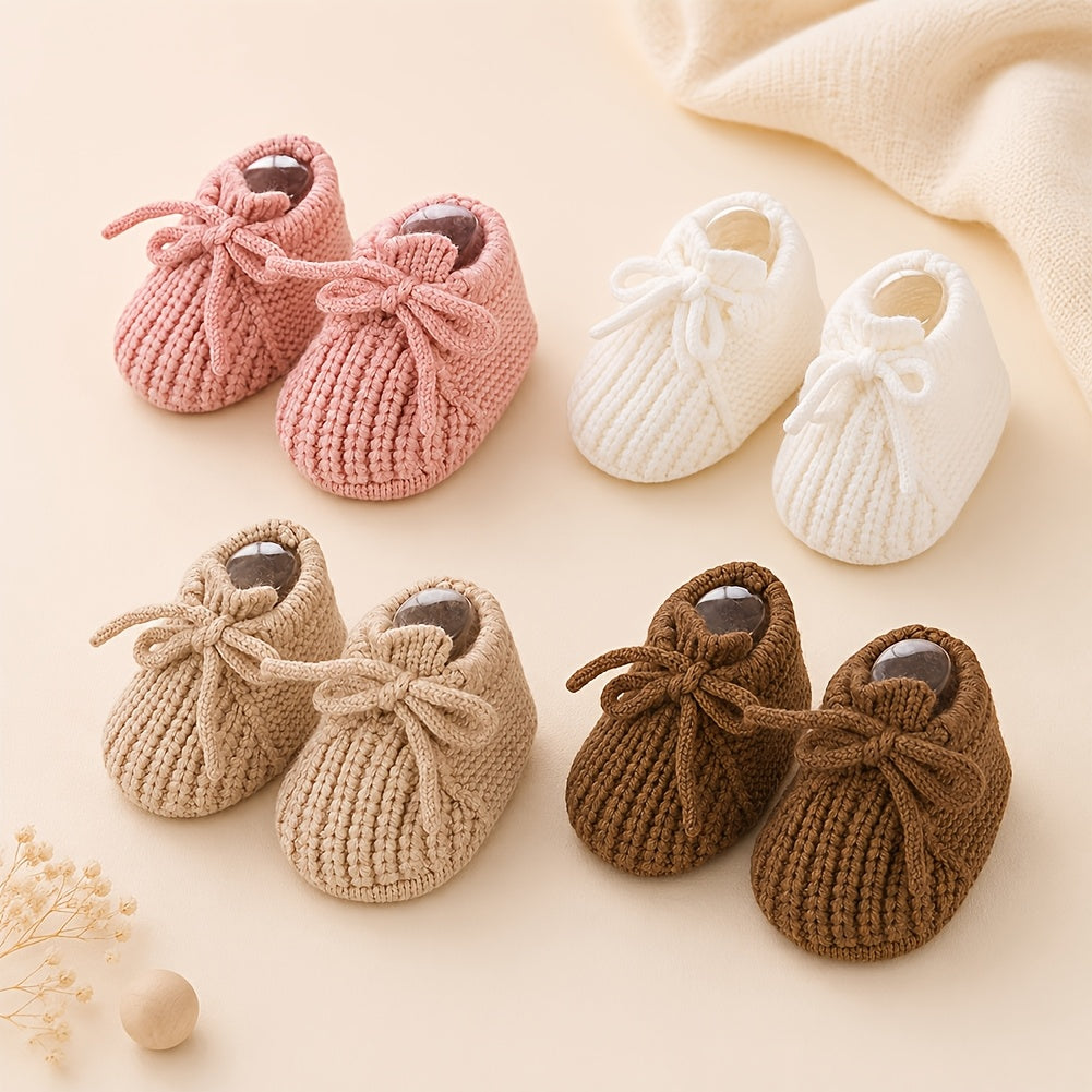 1 Paire Chaussons Crochets Nouveau-né Automne Hiver avec Nœud 0-12 Mois — Monptitlou