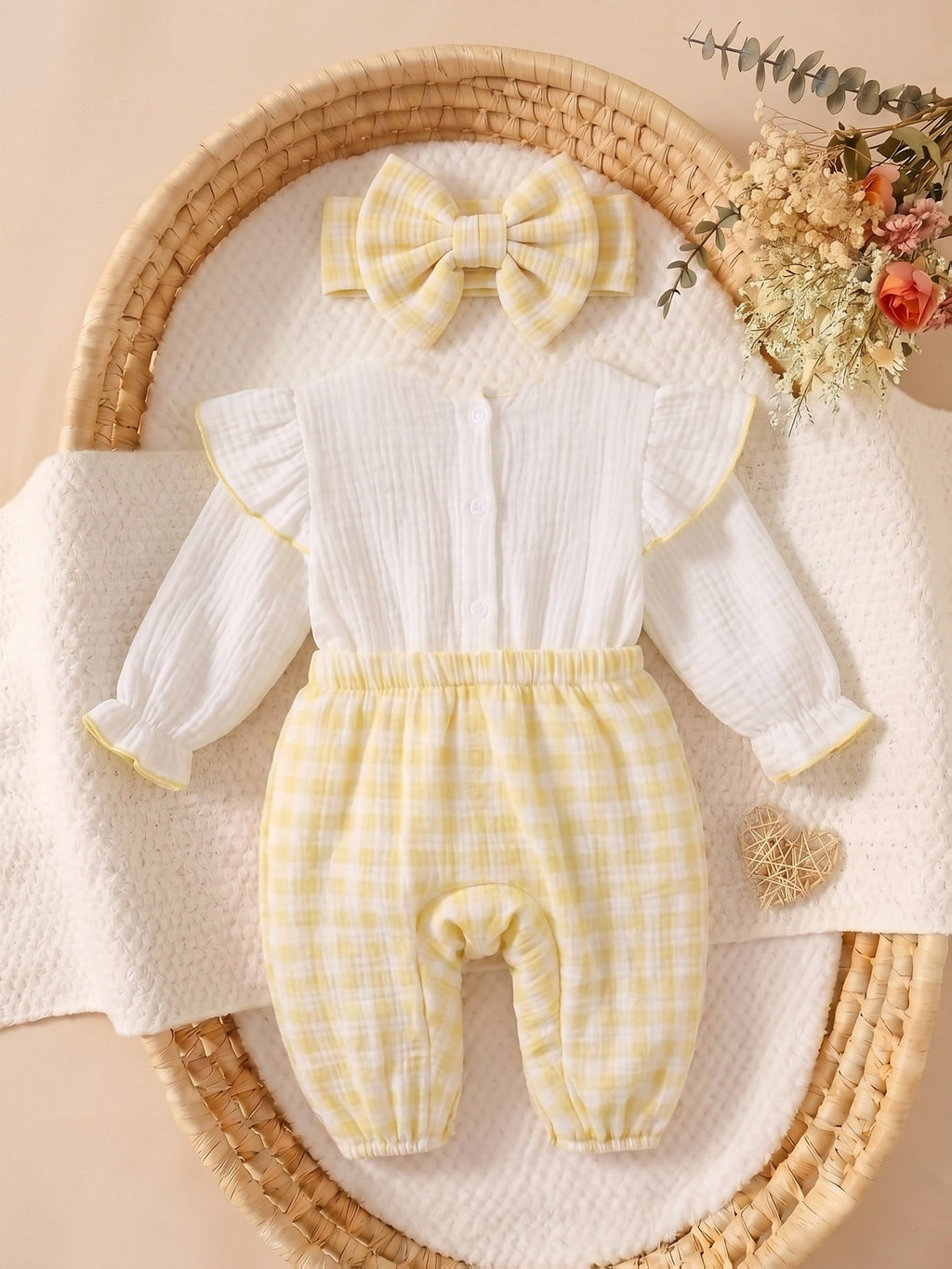 Combinaison d'automne pour bébé fille, rose à carreaux froissés, manches longues, col à volants, grand nœud décoratif, e