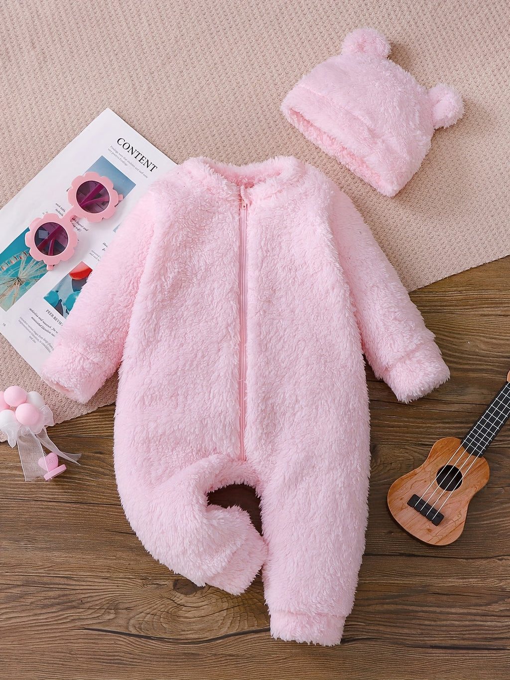 Combinaison Mignonne à Manches Longues en Peluche Unie pour Filles - Automne/Hiver avec Fermeture Éclair et Petit Chapea