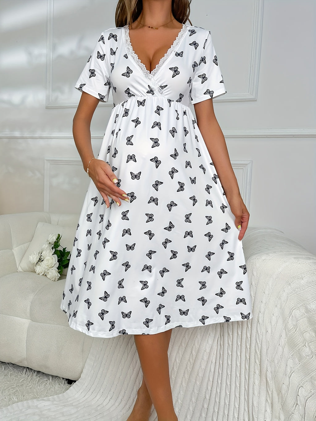 Chemise de Nuit de Grossesse - Imprimé Papillon & Dentelle — Monptitlou