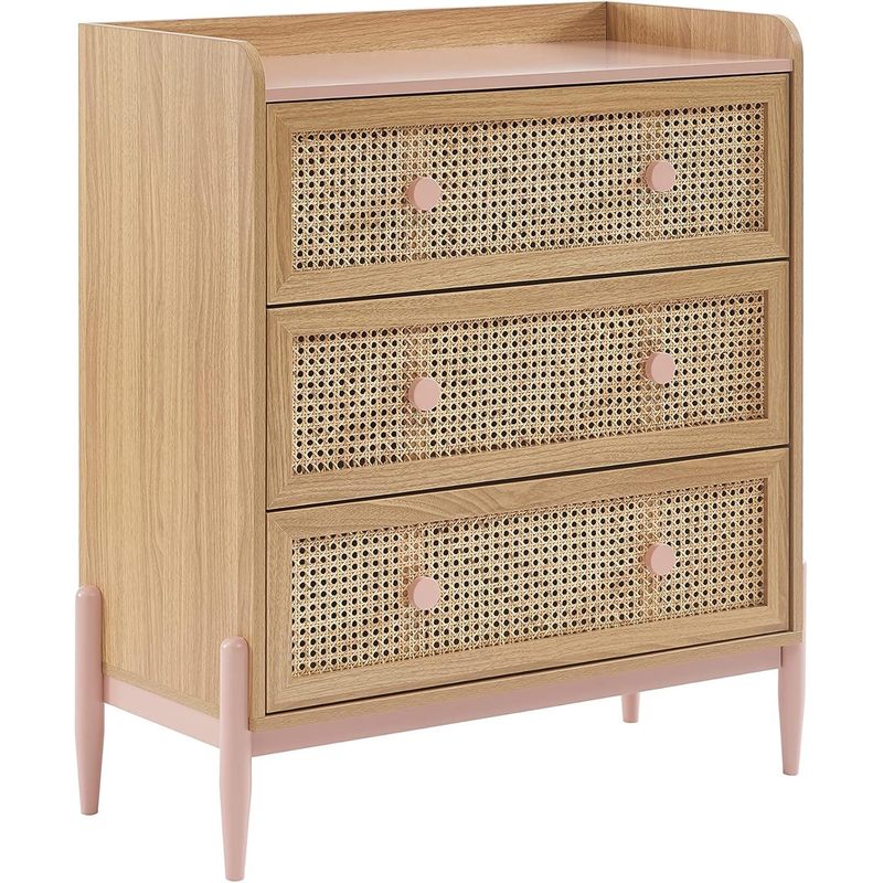 Commode enfant MAREO 80 cm rose pastel et effet chêne avec cannage — Monptitlou