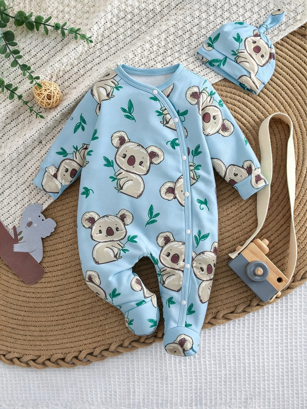Combinaison bébé pieds doux koala feuille verte unisexe 0-9 mois ensemble body et bonnet pour extérieur