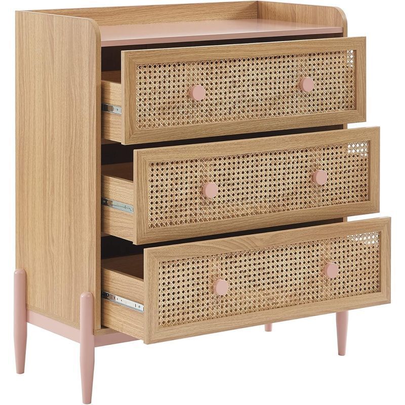 Commode enfant MAREO 80 cm rose pastel et effet chêne avec cannage — Monptitlou