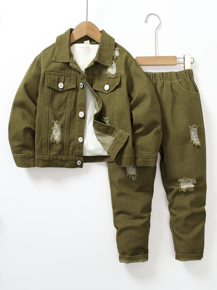 Ensemble Jeans à Manches Longues et Taille Élastique Déchiré pour — Monptitlou