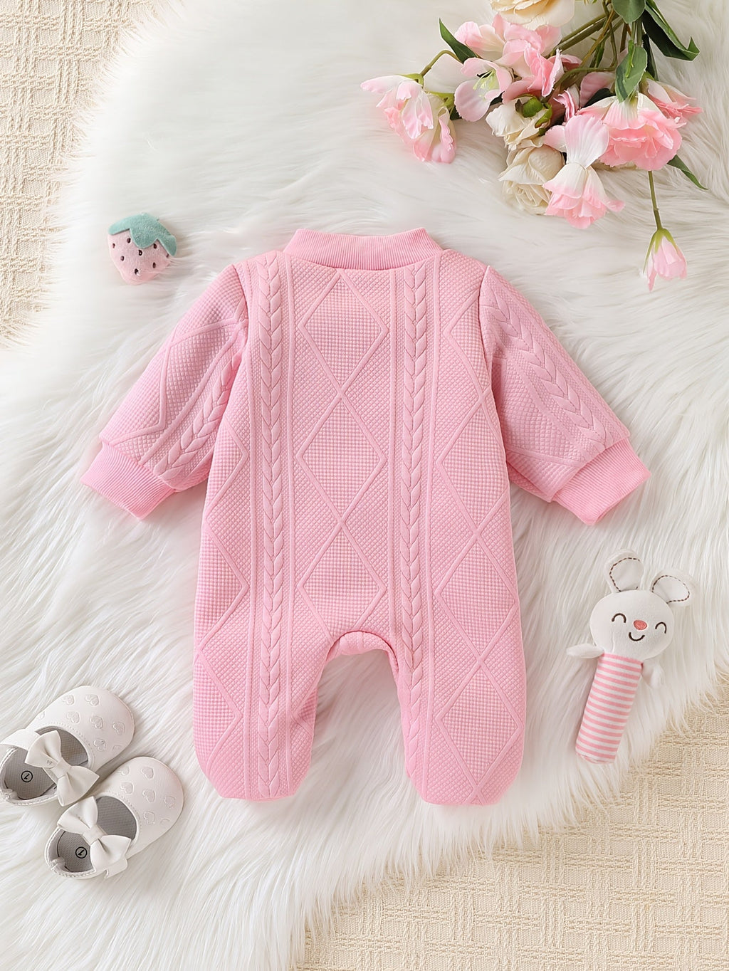 Combinaison bébé à fermeture éclair, tissu jacquard à motif fleurs 3D — Monptitlou