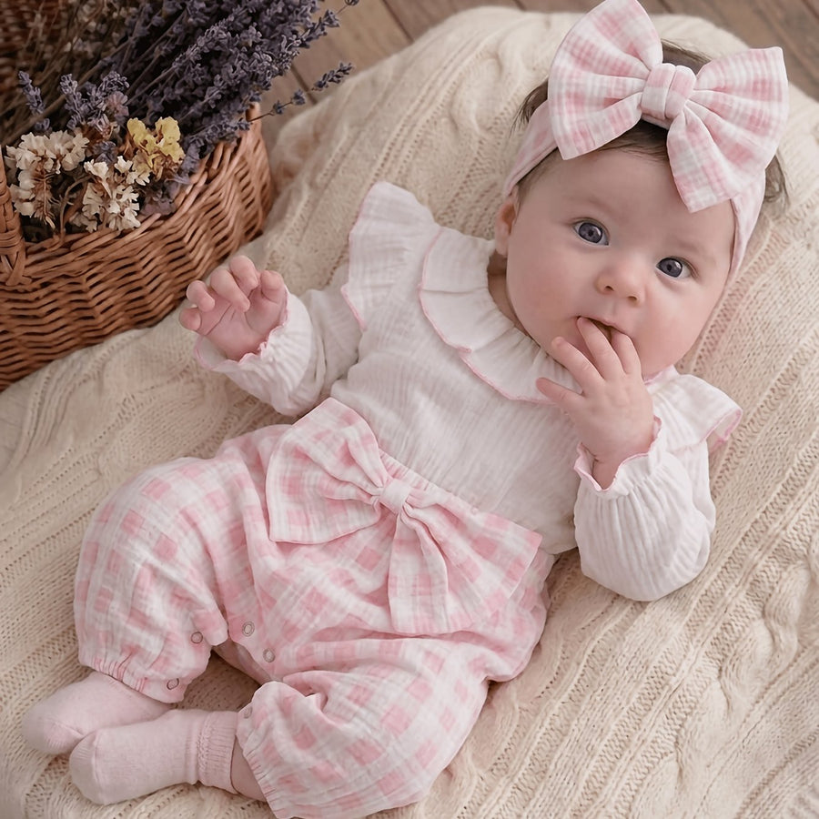 Combinaison d'automne pour bébé fille, rose à carreaux froissés — Monptitlou