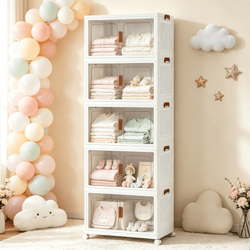 Armoire de rangement pliante style crème avec roulettes universelles — Monptitlou