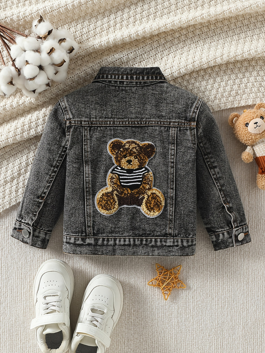 Veste en jean délavé bleu clair motif petit ours pour bébé garçon — Monptitlou