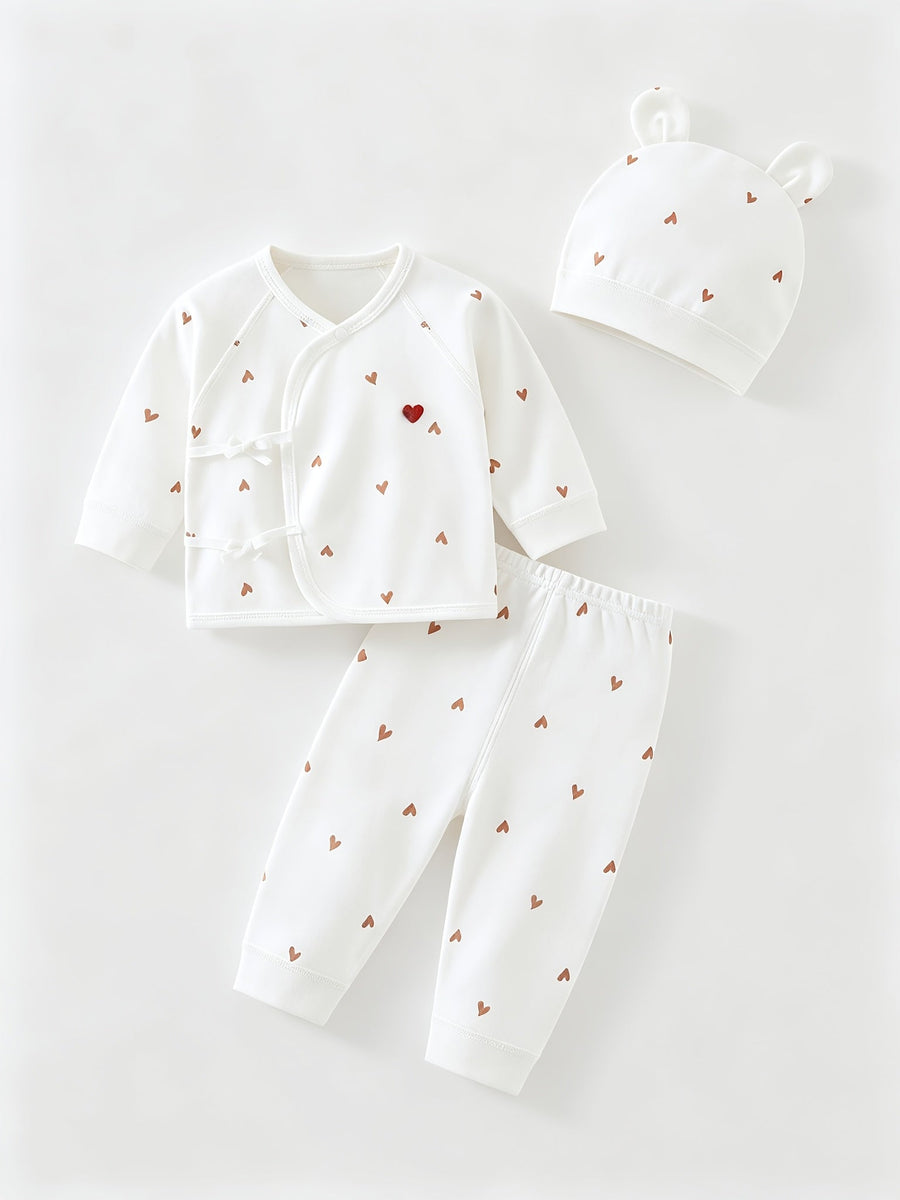 Tenue nouveau-né ensemble haut et bas imprimé cœur doux avec bonnet — Monptitlou