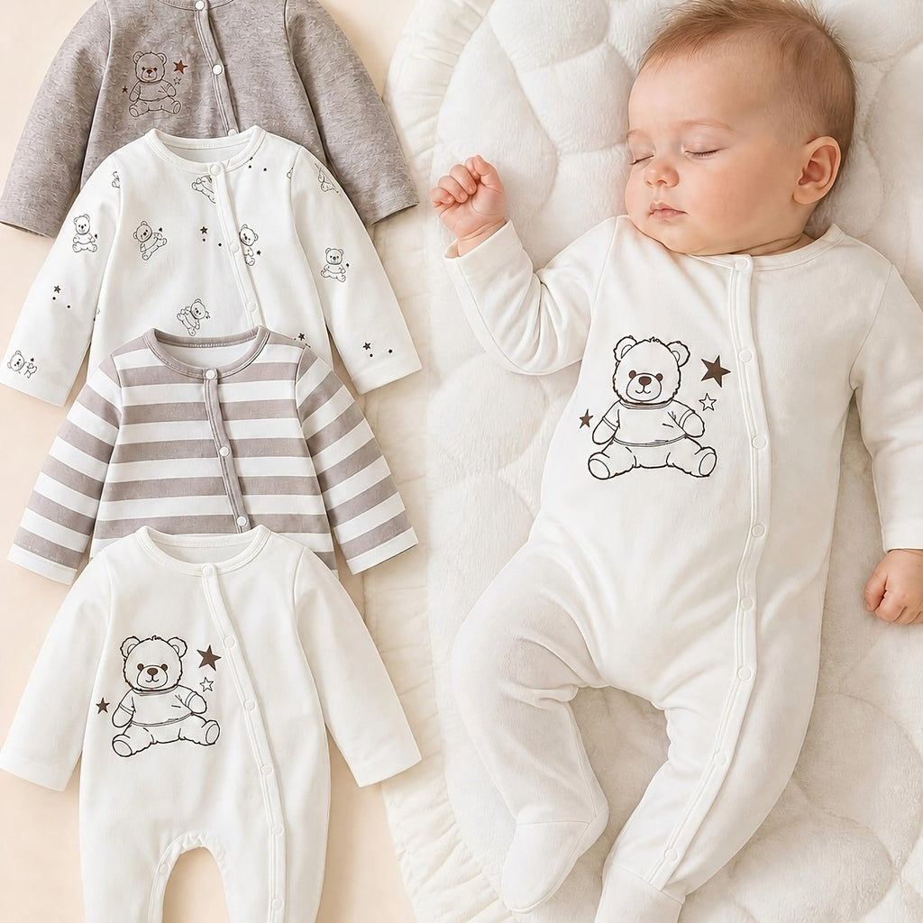 Body pour nouveau-né : rayé marron-gris + imprimé intégral petit ours + — Monptitlou