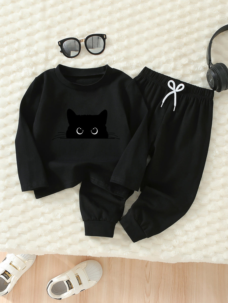 Ensemble 2 pièces printemps/automne pour garçons, imprimé chat noir