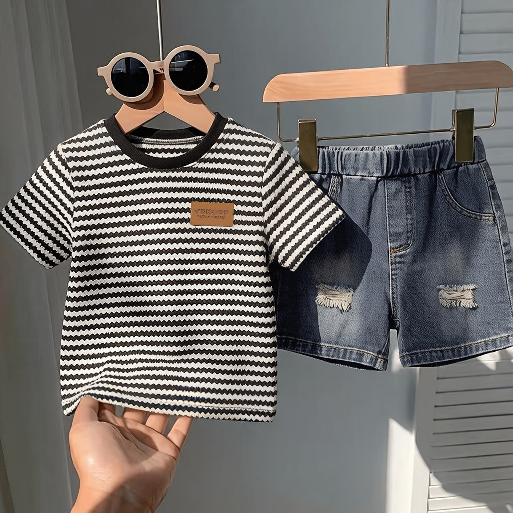 T-shirt col rond jacquard à blocs de couleur pour garçons été et short — Monptitlou