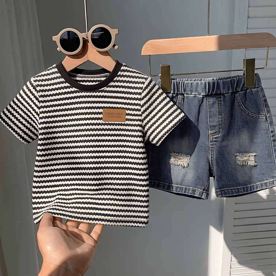 T-shirt col rond jacquard à blocs de couleur pour garçons été et short — Monptitlou