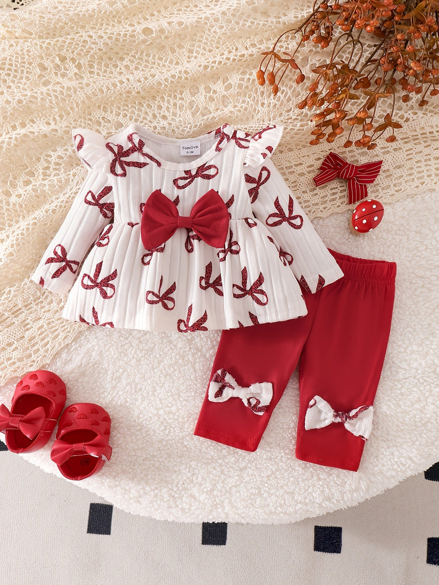 Ensemble 2 pièces pour nouveau-née : nœud, imprimé léopard, col rond, manches longes + pantalon décontracté à taille éla