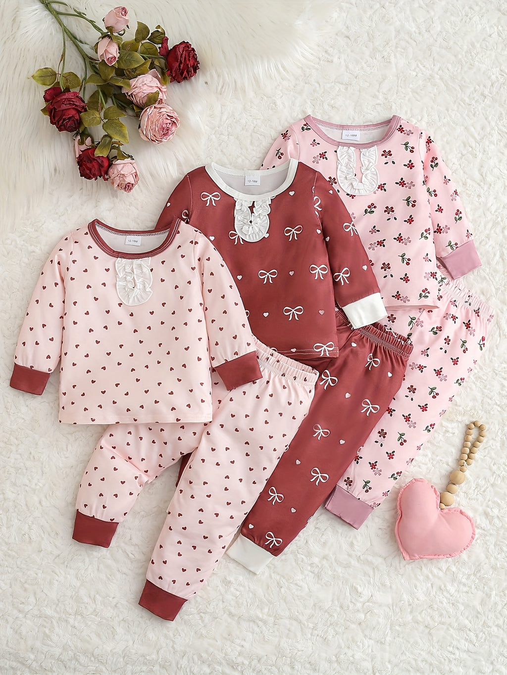 Pyjamas pour filles motif floral/cœur/nœud doux et confortable — Monptitlou