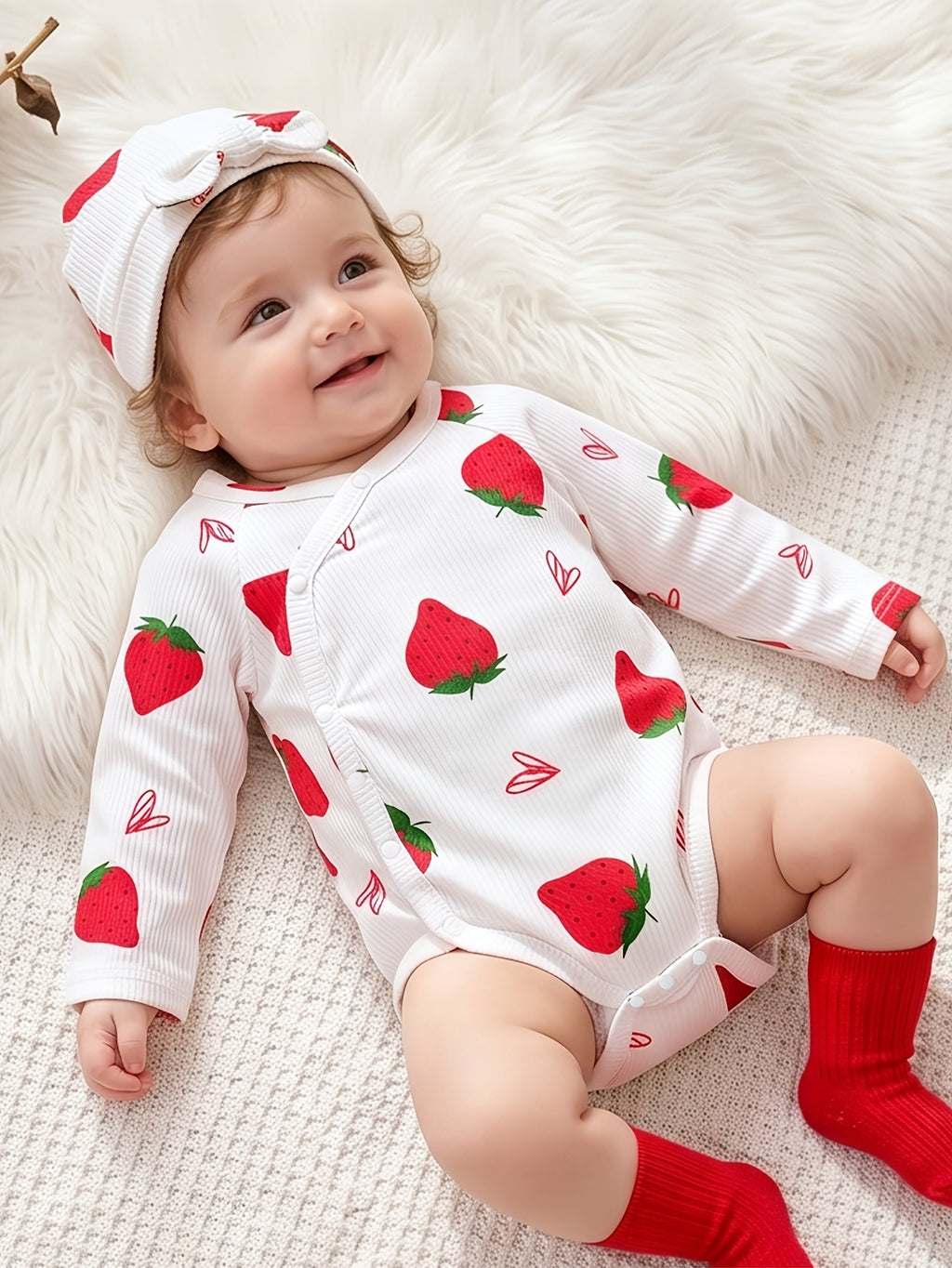 Body Triangle Bébé Fille Fond Blanc Fraise Imprimé Cartoon Volant — Monptitlou