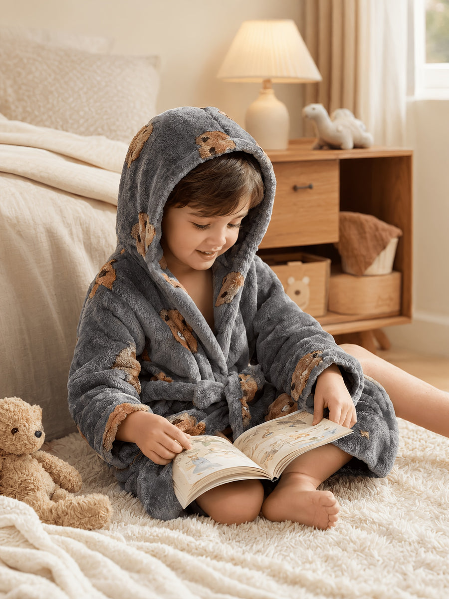 Peignoir à capuche pour garçon à motif ours, manches longues — Monptitlou