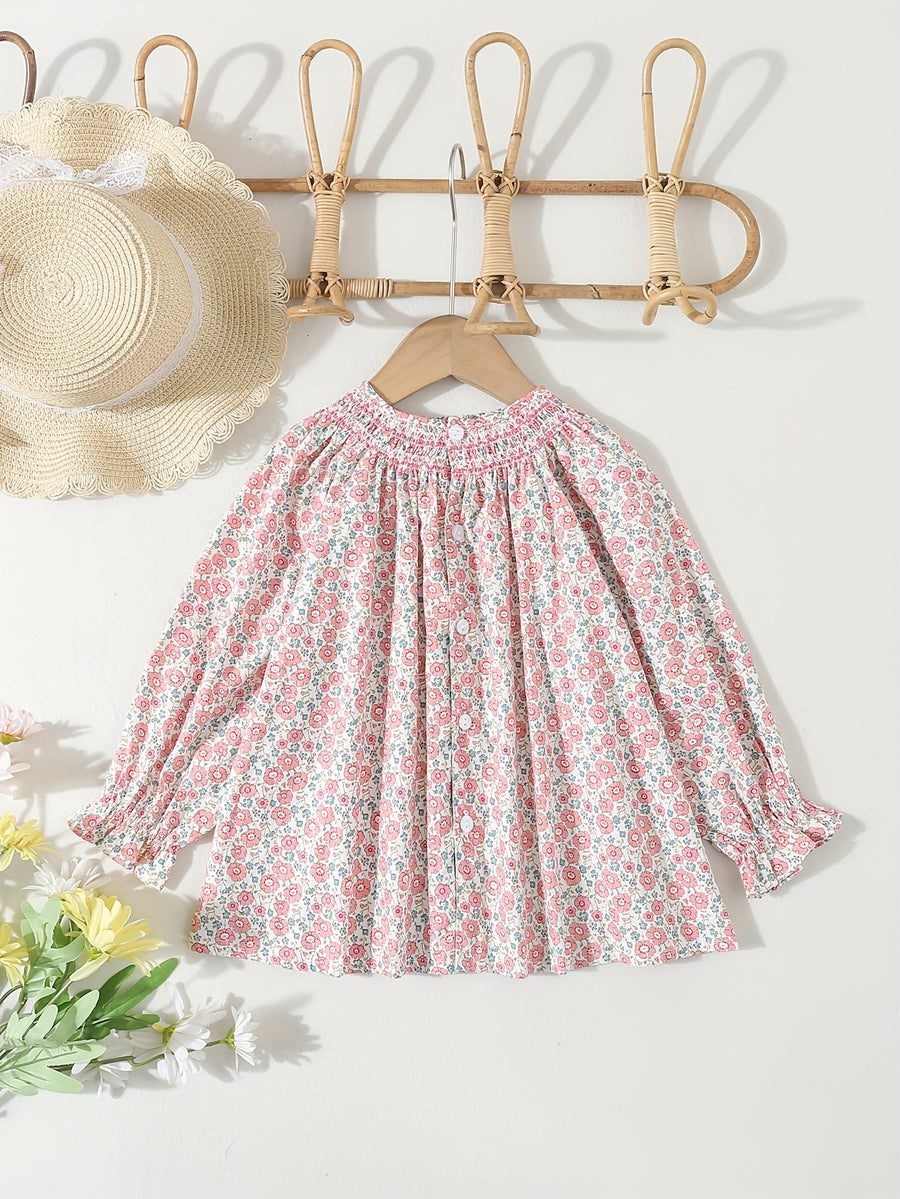 Chemise fille à manches longues - motif imprimé - taille smocked — Monptitlou