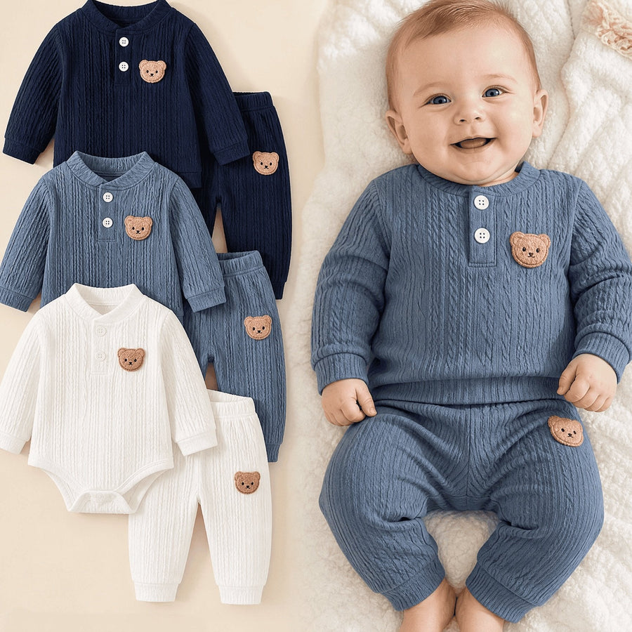 Ensemble 6 pièces pour nouveau-né motif ours brodé, texture jacquard — Monptitlou