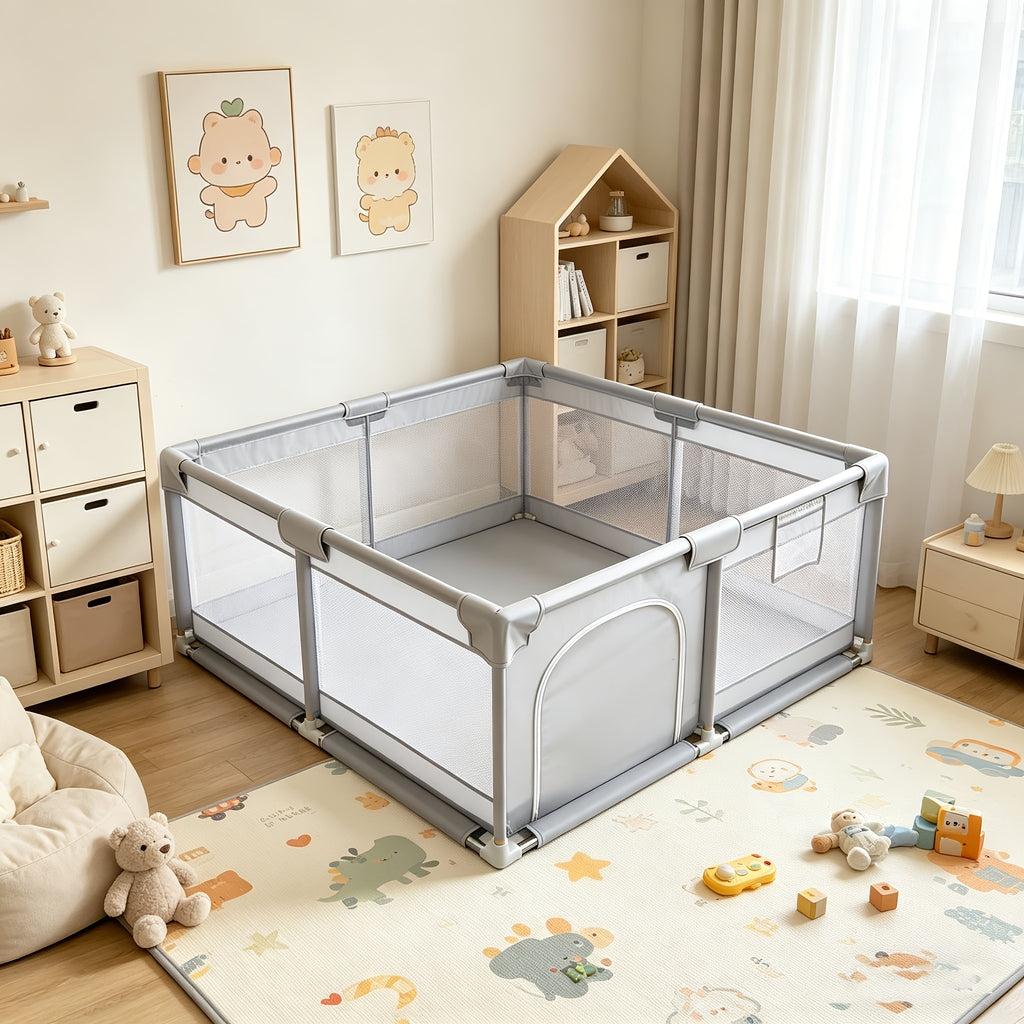 Barrière bébé surdimensionnée grise, filet souple et respirant — Monptitlou