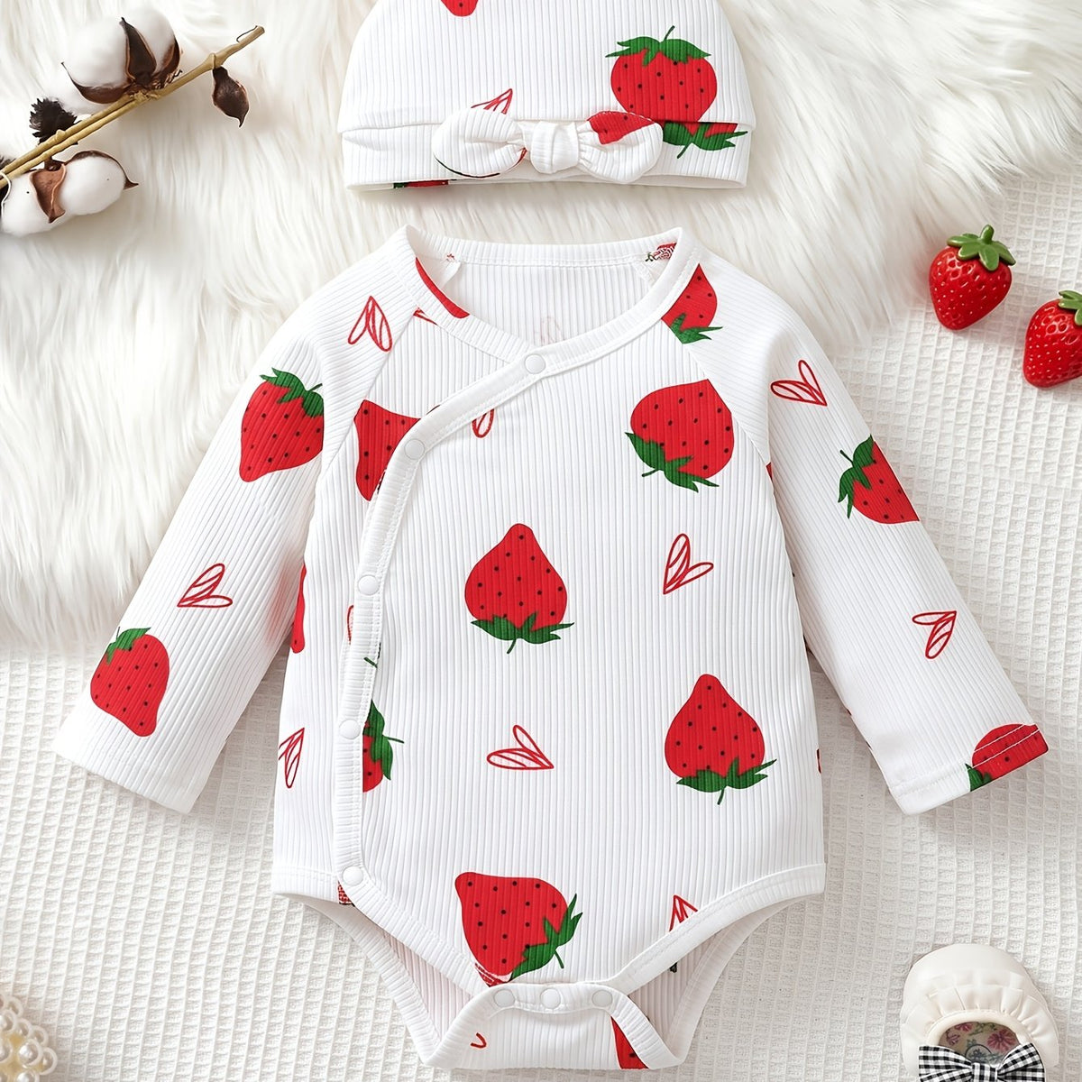 Body Triangle Bébé Fille Fond Blanc Fraise Imprimé Cartoon Volant — Monptitlou Image