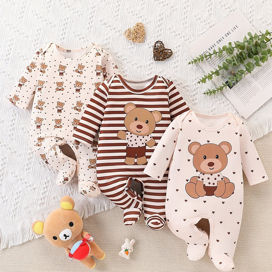 Bodysuits pieds pour bébé, imprimé ours, col rond manches longues — Monptitlou