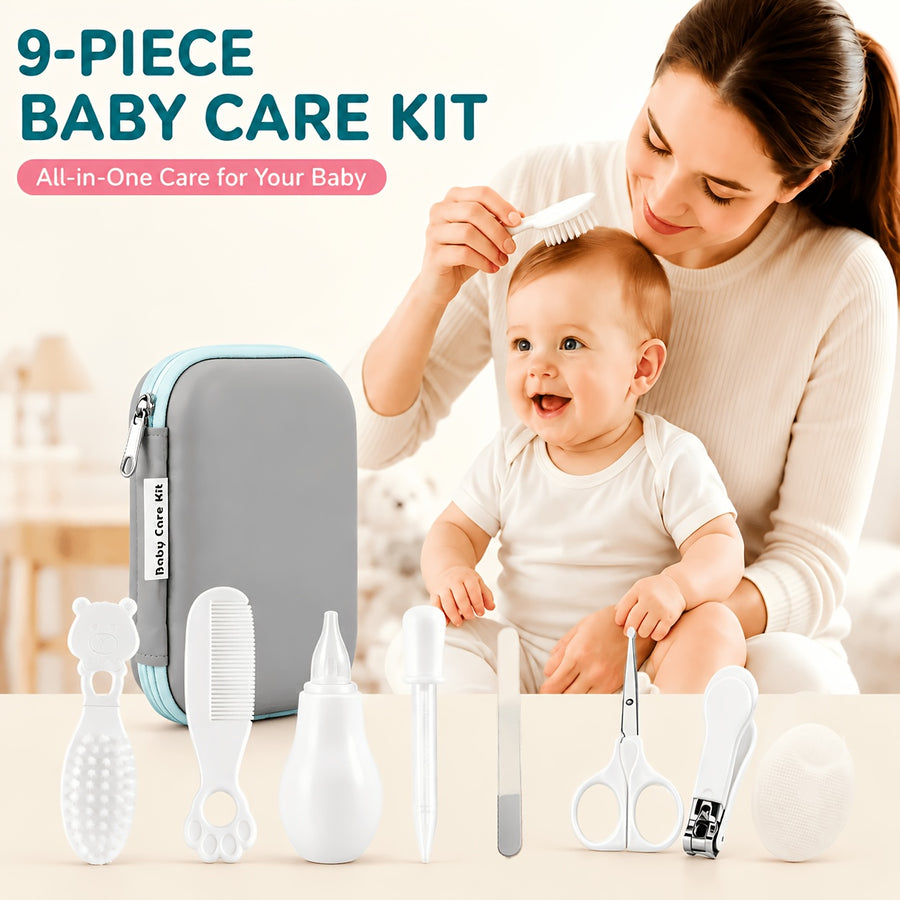 Set de soins 9 pièces blanc avec trousse portable grise — Monptitlou