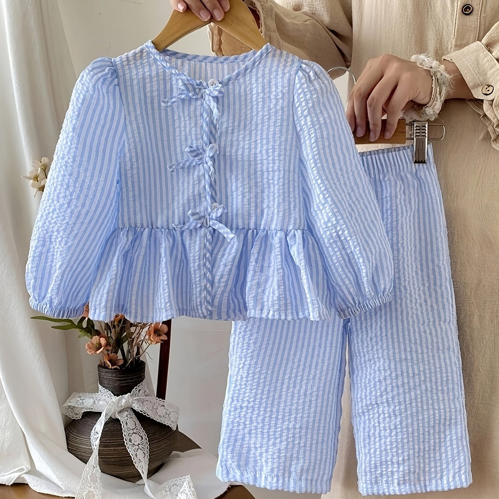 Ensemble haut à manches longues avec nœud et pantalon à rayures bleues — Monptitlou
