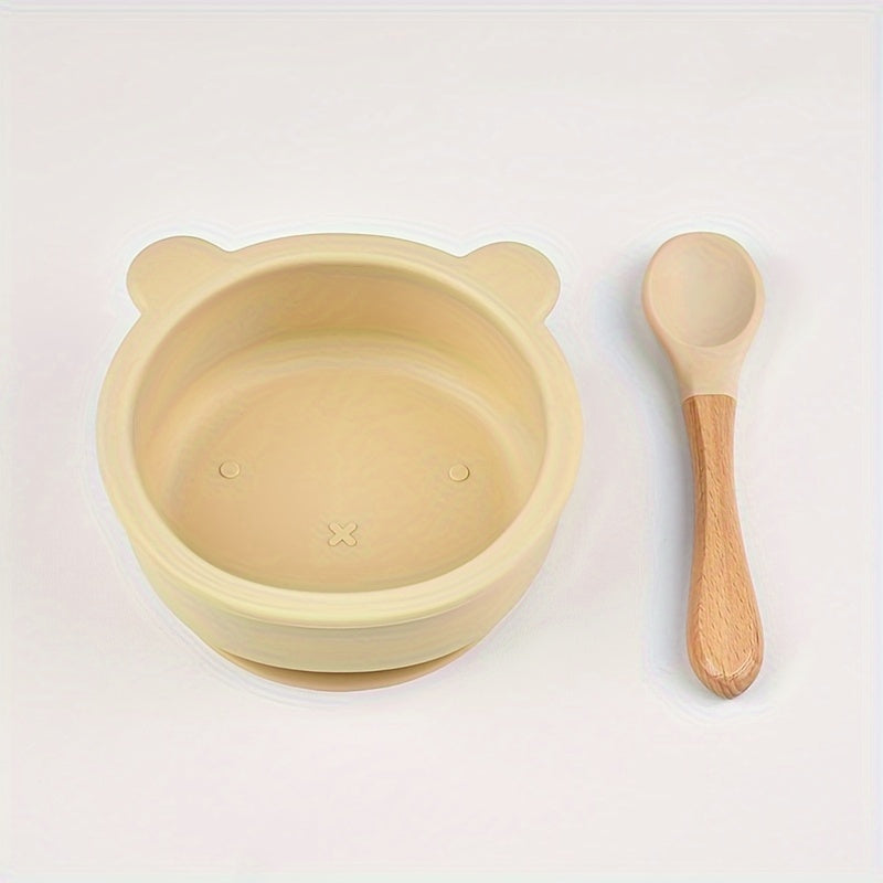 2 pièces ensemble de vaisselle pour bébé en silicone alimentaire avec ventouse, cuillère complémentaire à manche en bois