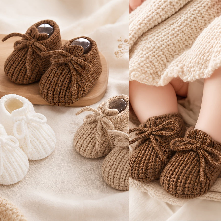 1 Paire Chaussons Crochets Nouveau-né Automne Hiver avec Nœud 0-12 Mois — Monptitlou