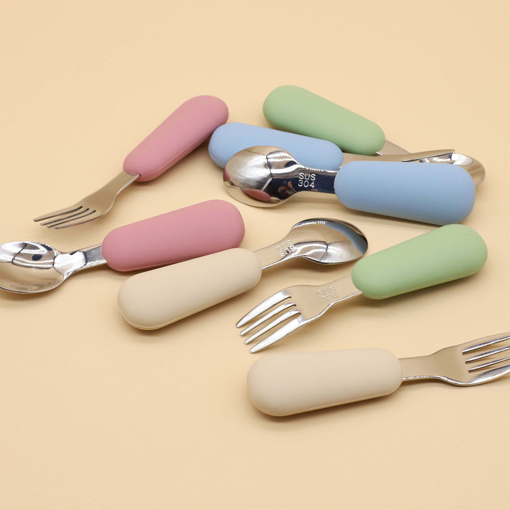 Cuillère et fourchette en acier inoxydable 304 avec manche en silicone, pour bébé