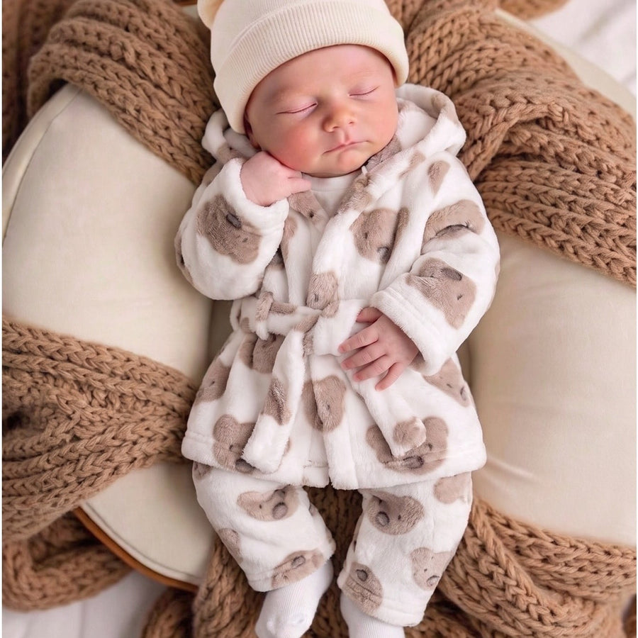 Pour bébé garçon : veste à capuche et pantalon en peluche crème à motif — Monptitlou