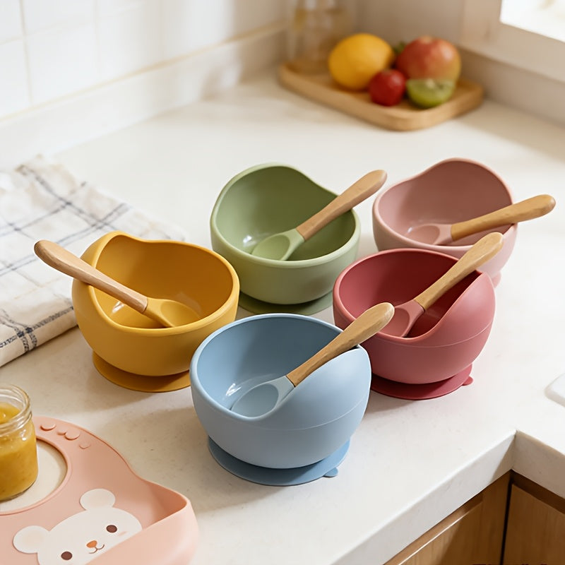 Lot de 1 bol et cuillère pour bébé, bol anti-dérapant à ventouse avec cuillère à manche en bois, vaisselle d'apprentissa