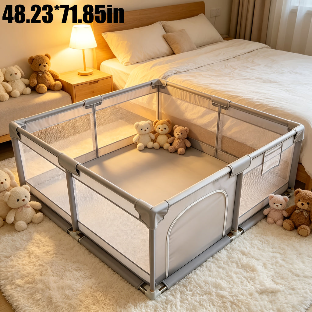 Barrière bébé surdimensionnée grise, filet souple et respirant — Monptitlou