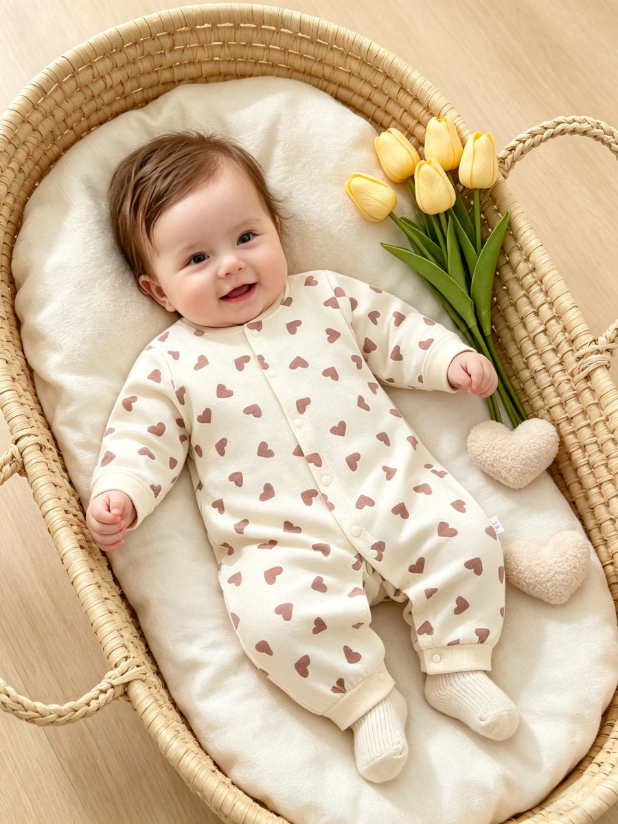 Combinaison manches longues pour bébé nouveau-né, imprimé petits cœurs partout, douce et respirante pour toutes saisons,