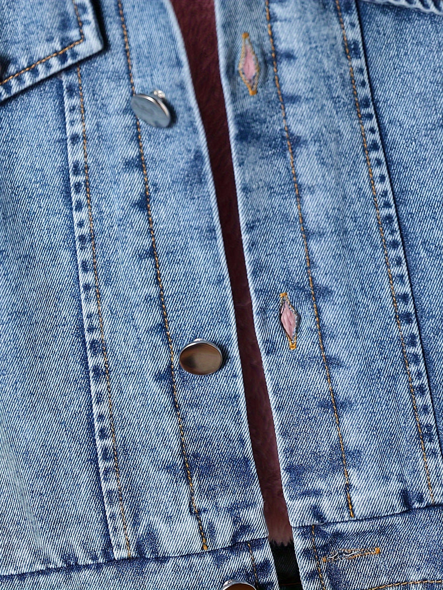 Veste en jean doublée moumoute rose， avec manches longues et capuche — Monptitlou