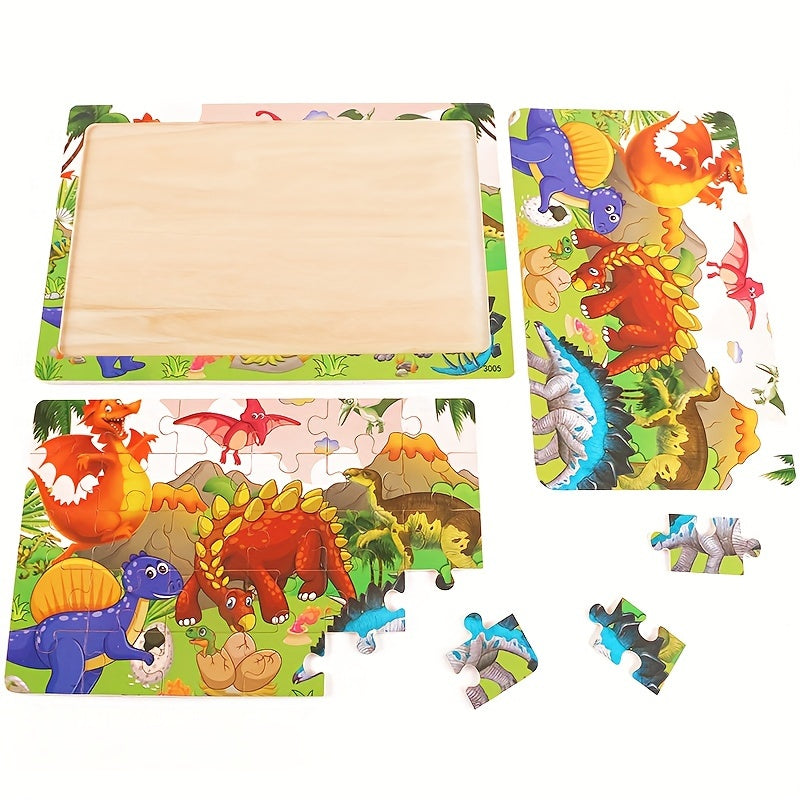 En 1 plateau de puzzle en bois pour enfants, animaux, dinosaures — Monptitlou