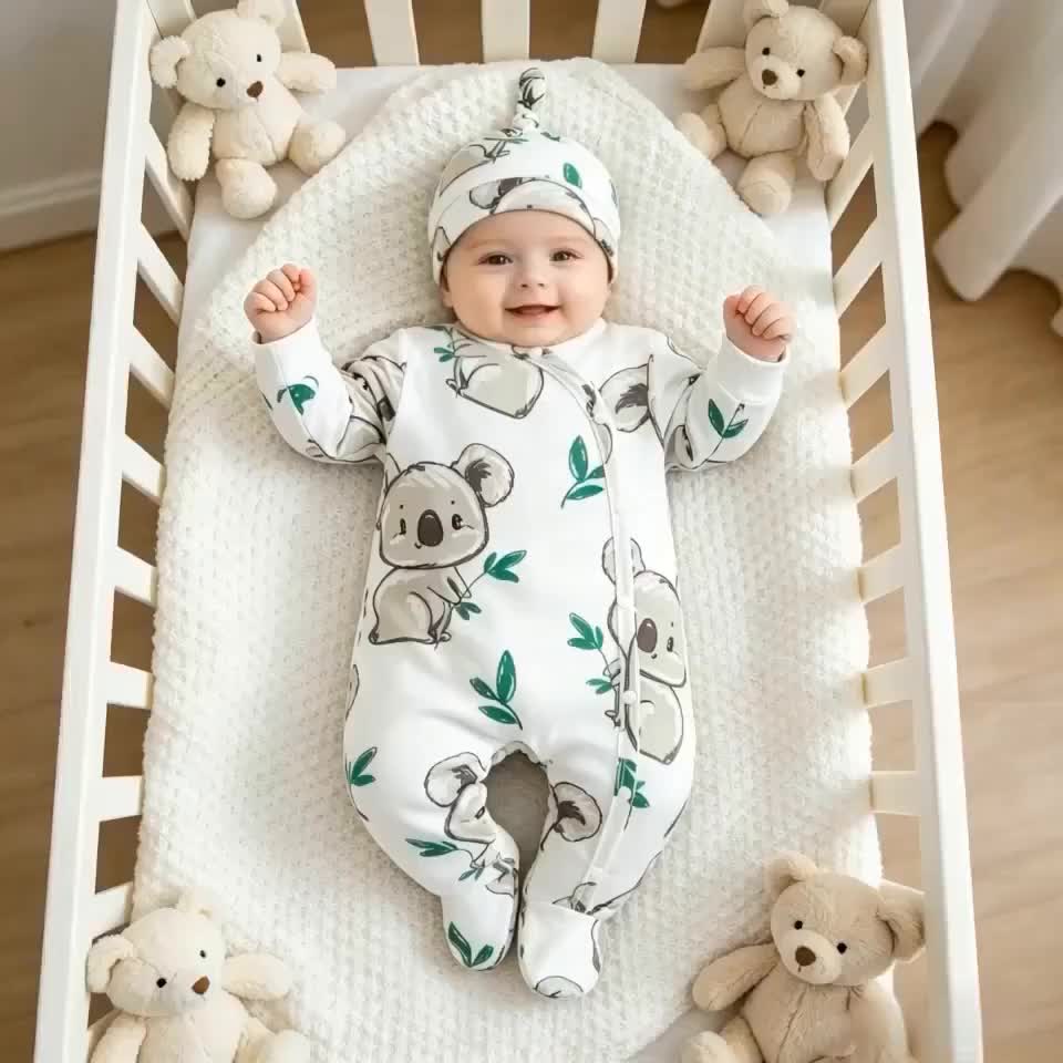 Combinaison bébé pieds doux koala feuille verte unisexe 0-9 mois ensemble body et bonnet pour extérieur