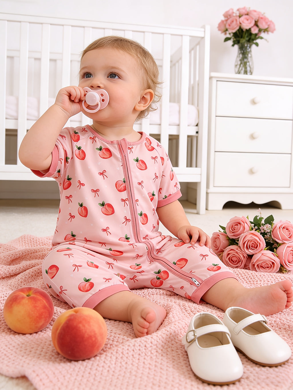 Combinaison bébé fille à motif pêches et nœuds — Monptitlou