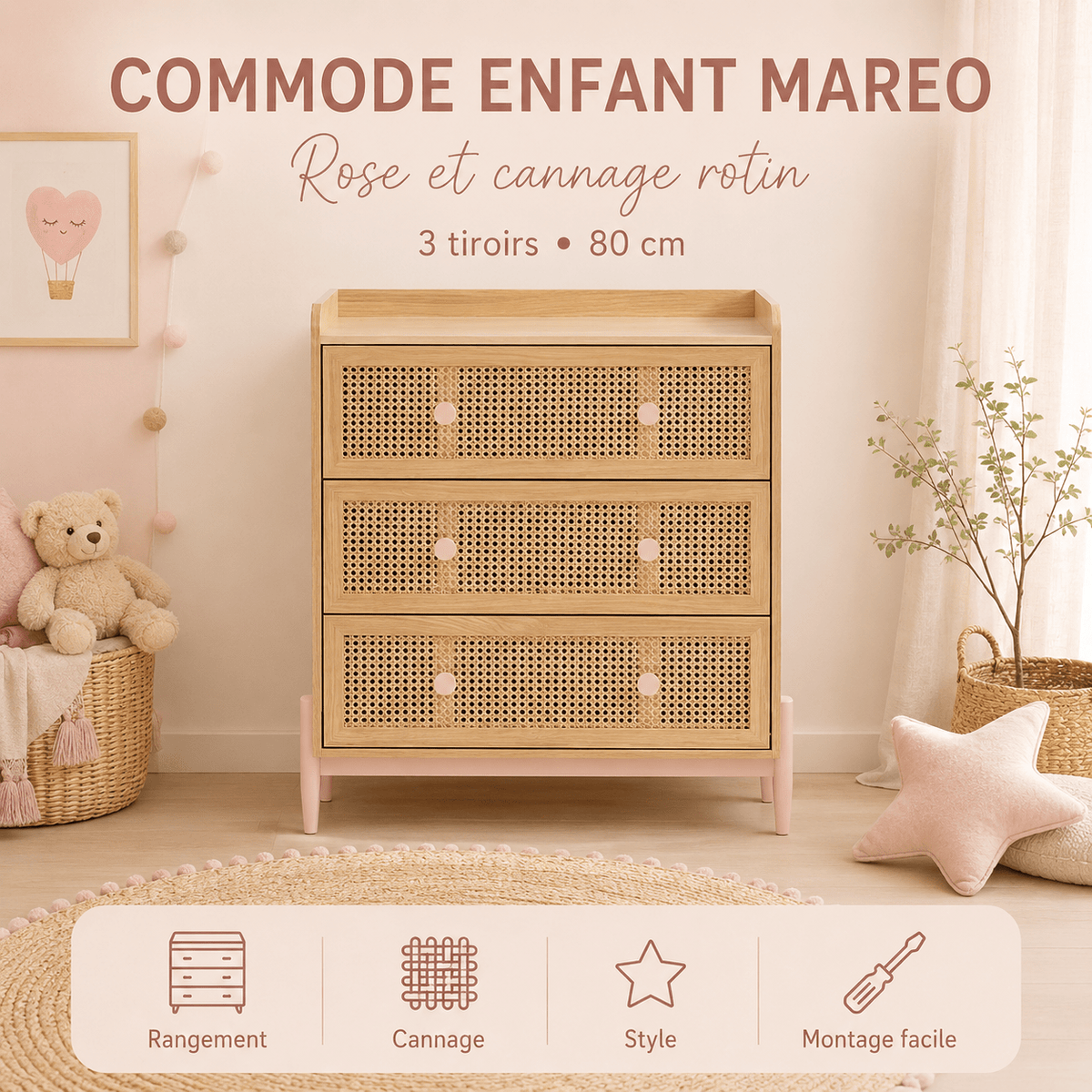 Commode enfant MAREO 80 cm rose pastel et effet chêne avec cannage — Monptitlou Image