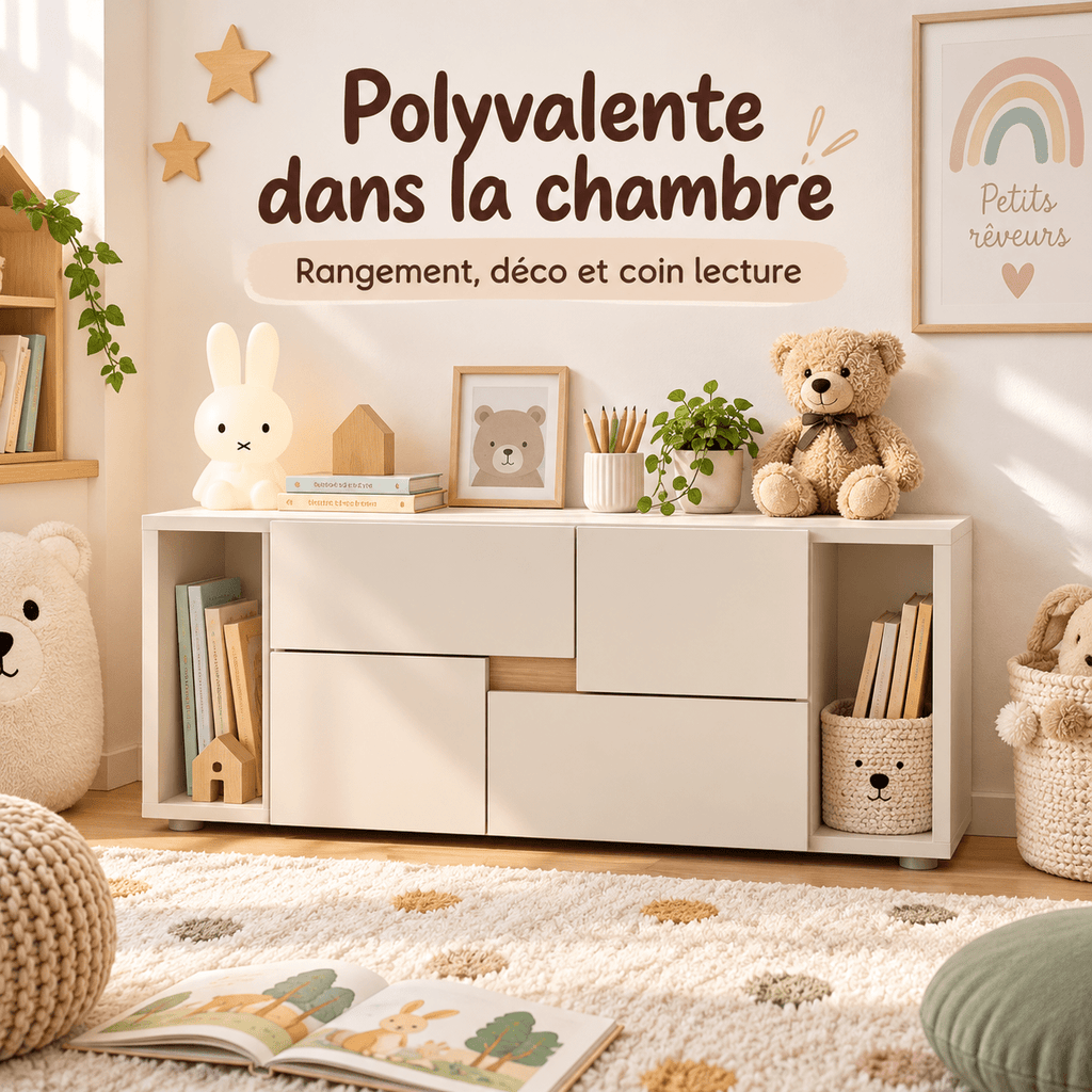 Bibliothèque basse enfant LINOA 4 portes cachemire avec 2 niches — Monptitlou