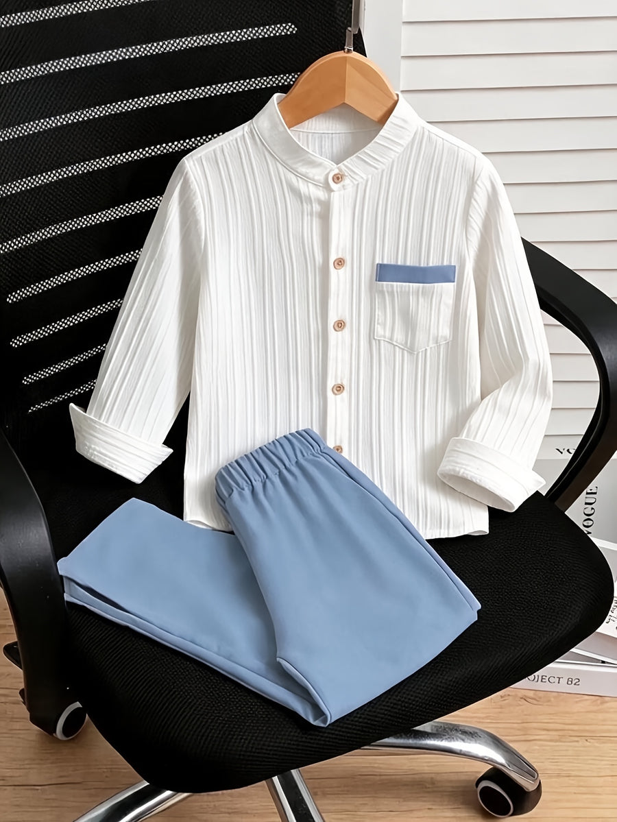 [Idéal été automne] Ensemble chemise à manches longues unie et rayée et — Monptitlou