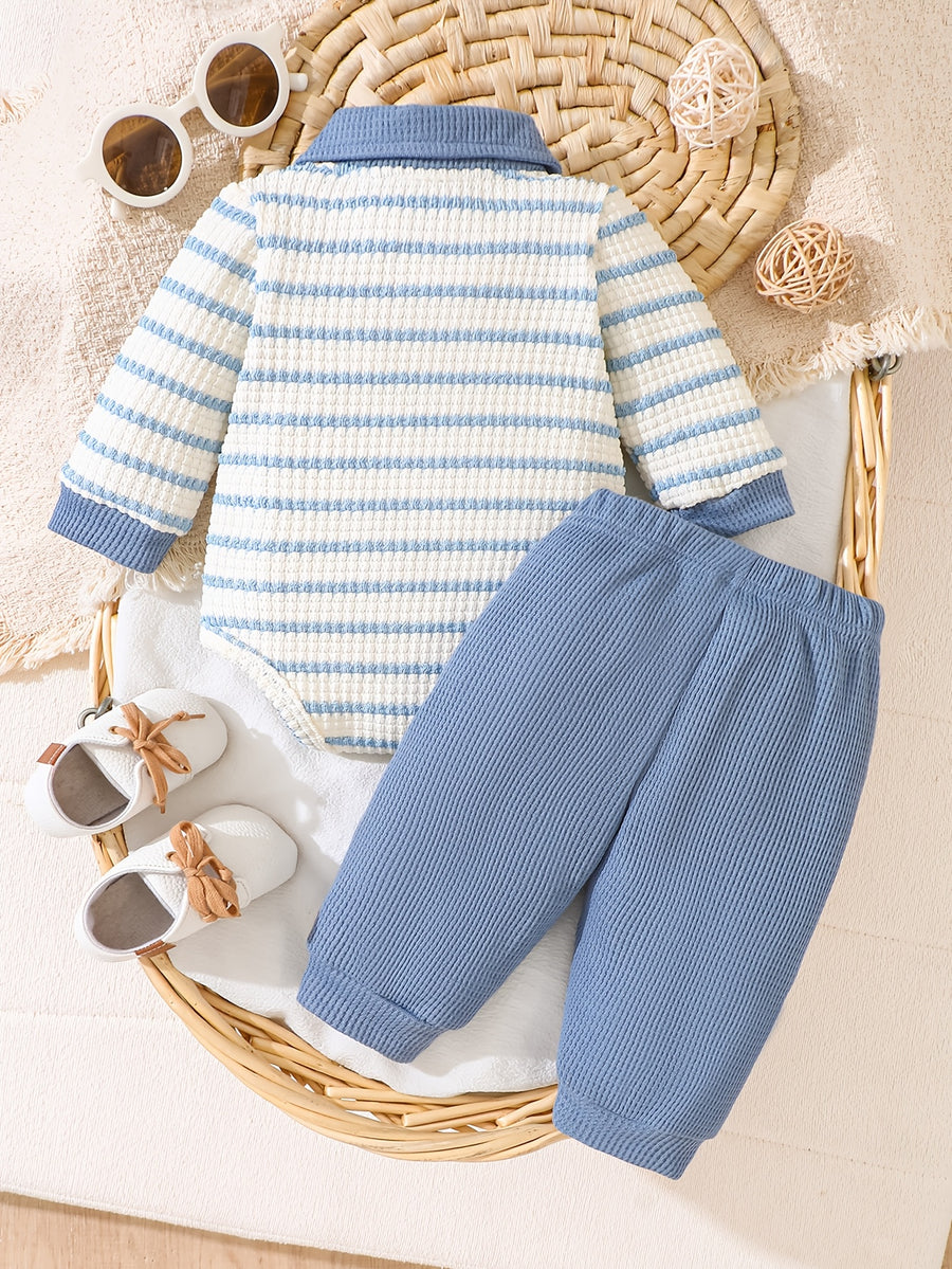 Pantalons polo à col pour bébé 0-1 an, bleu et blanc rayés — Monptitlou