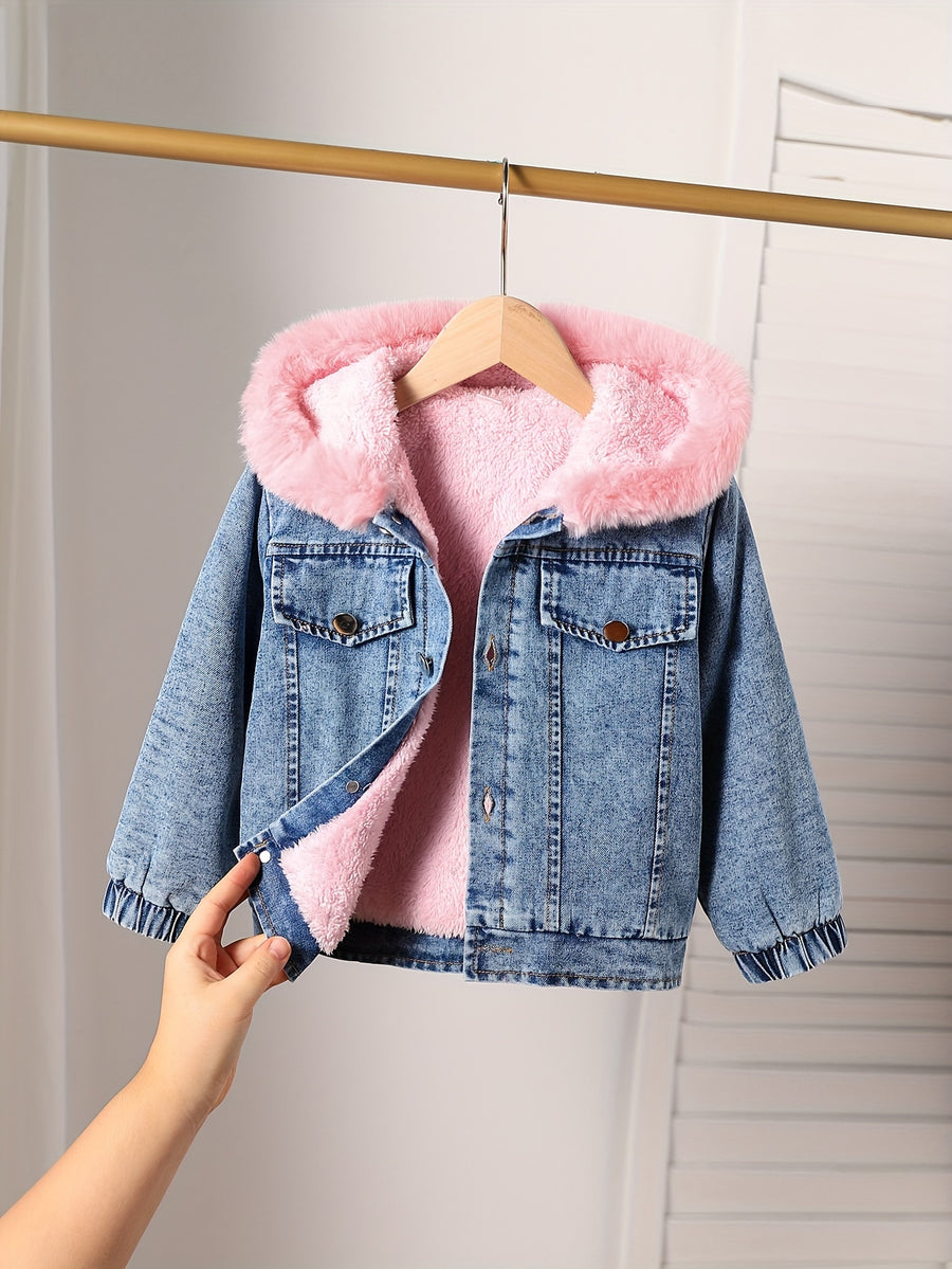 Veste en jean doublée moumoute rose， avec manches longues et capuche — Monptitlou