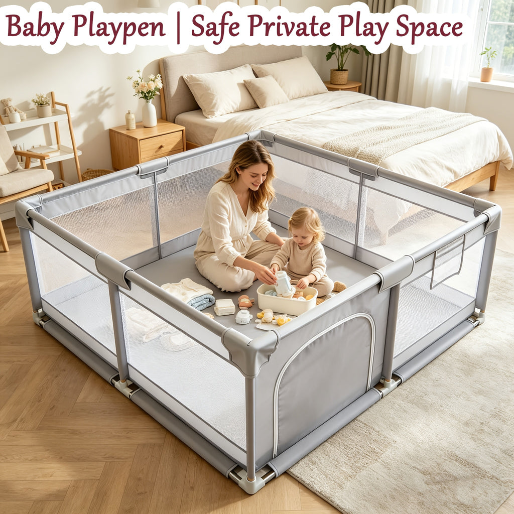 Barrière bébé surdimensionnée grise, filet souple et respirant — Monptitlou