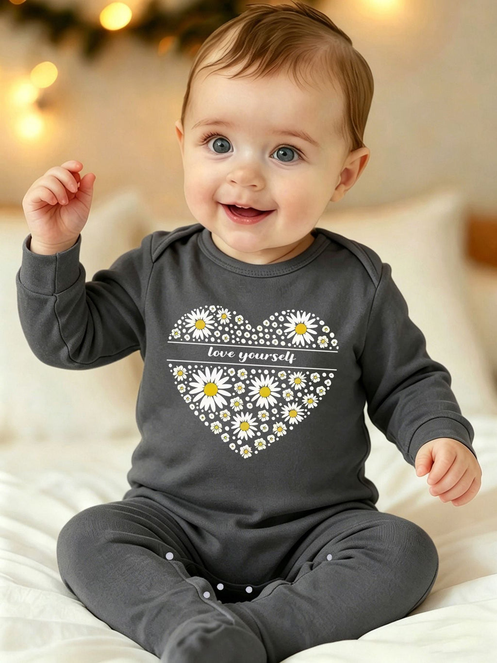 Barboteuse Bébé Printemps/Automne avec Pieds et Motif "Coeur de Marguerite" - 100% Doux et Respirant, Survêtement de Tro