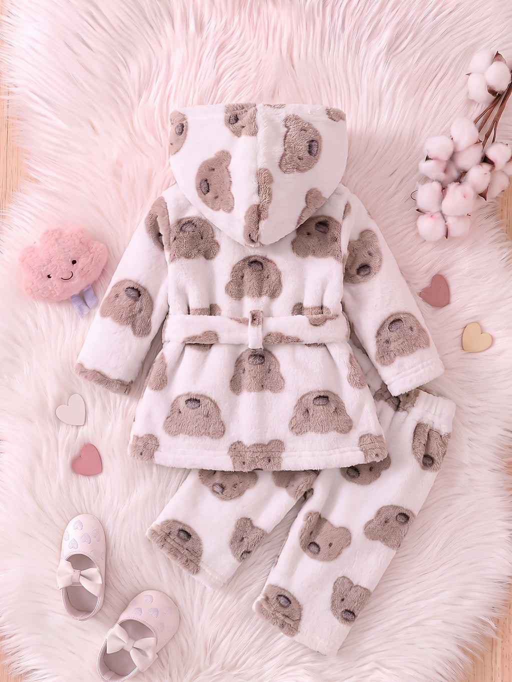 Pour bébé garçon : veste à capuche et pantalon en peluche crème à motif — Monptitlou