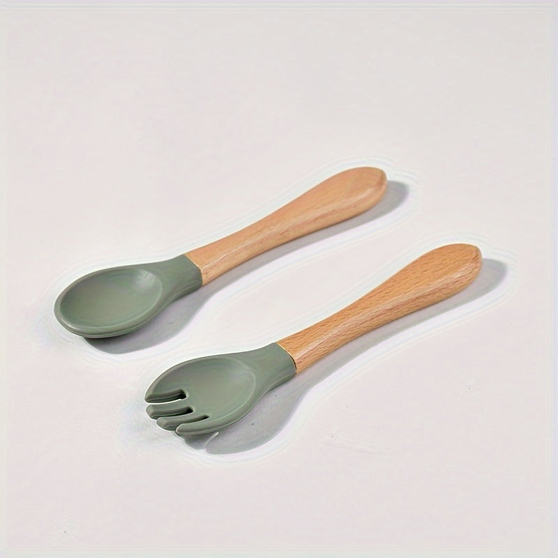 Cuillère en silicone alimentaire avec manche en bois, fourchette et cuillère d'apprentissage pour bébé, set de 2 pièces