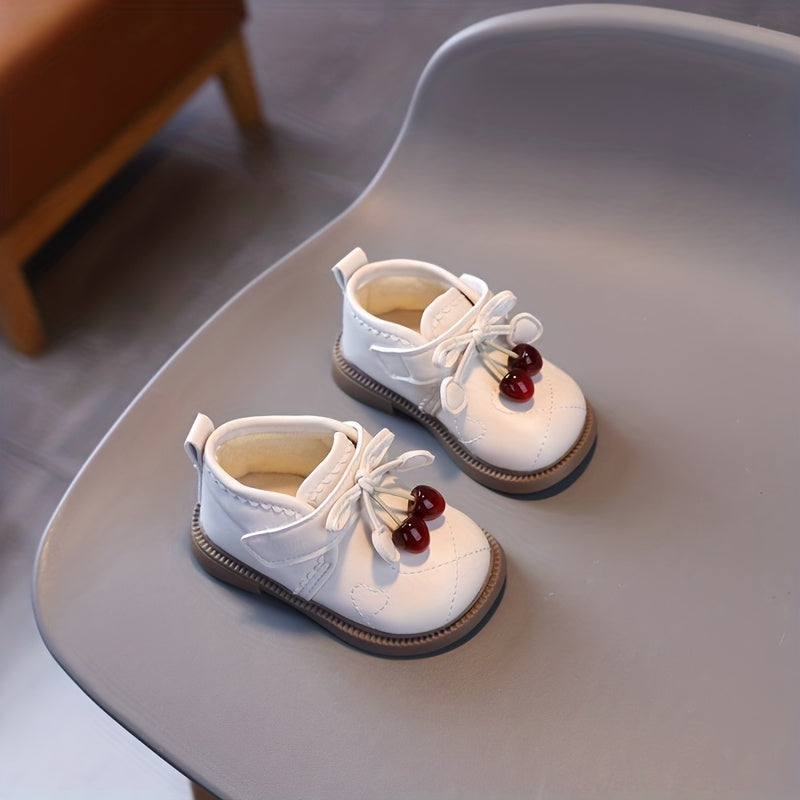 1 paire de bottines enfant nœud papillon cerise avec polaire chaude — Monptitlou