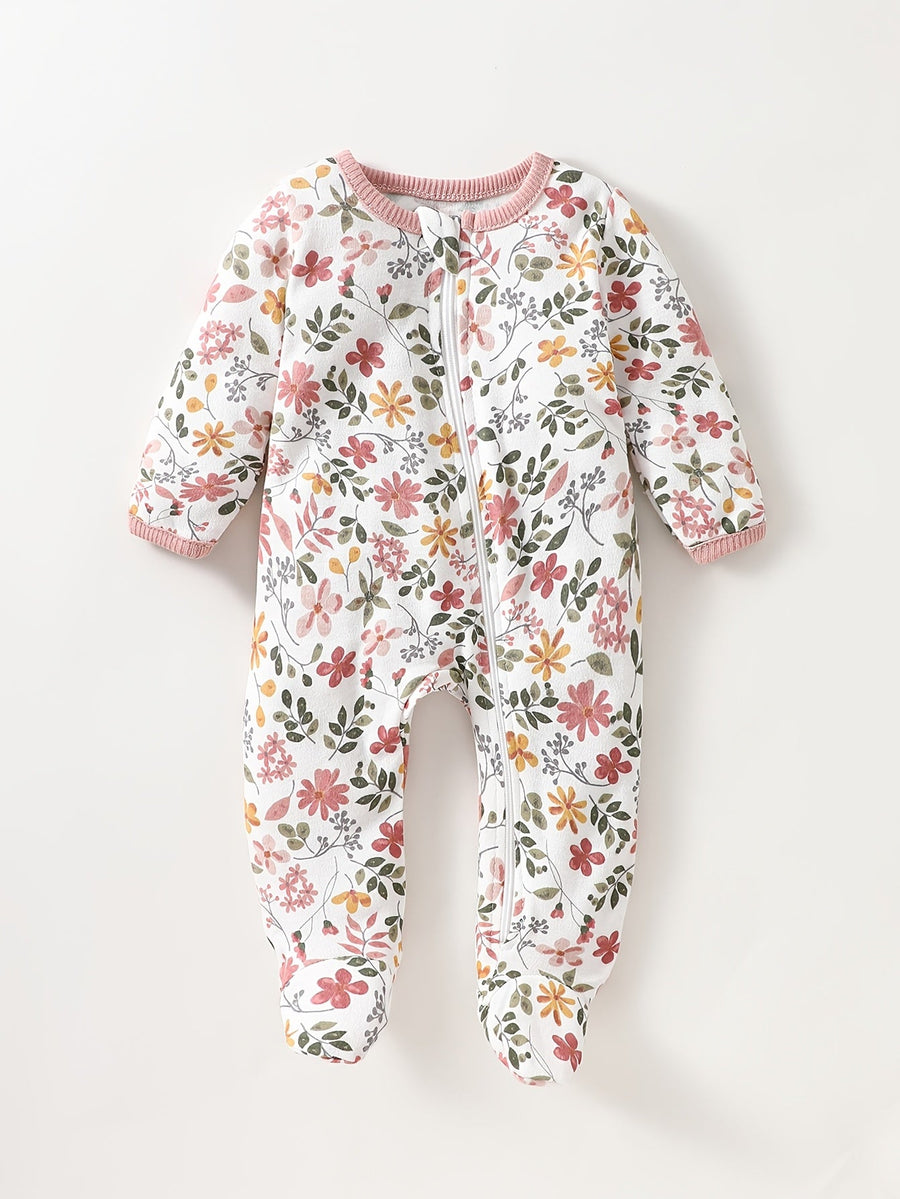 2 bodysuits pieds pour bébé fille, tissu doux, respirant et confortable, motif floral rose, adapté aux nouveau-nés de 0 